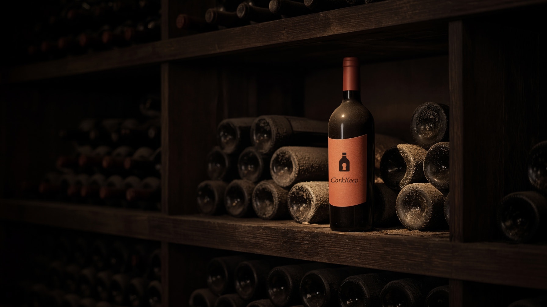 A bottle with a clay label standing on a dusty cellar shelf